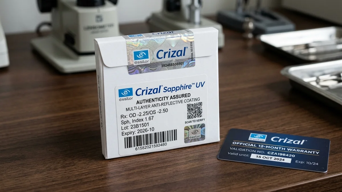 Bao bì nguyên niêm phong có tem chống hàng giả phản quang 7 màu và mã vạch chính hãng Essilor Crizal