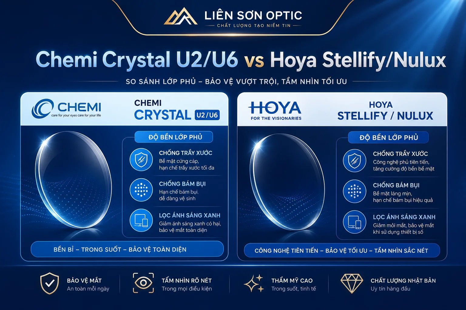 Chemi Crystal U2/U6 vs Hoya Stellify/Nulux — độ bền lớp phủ