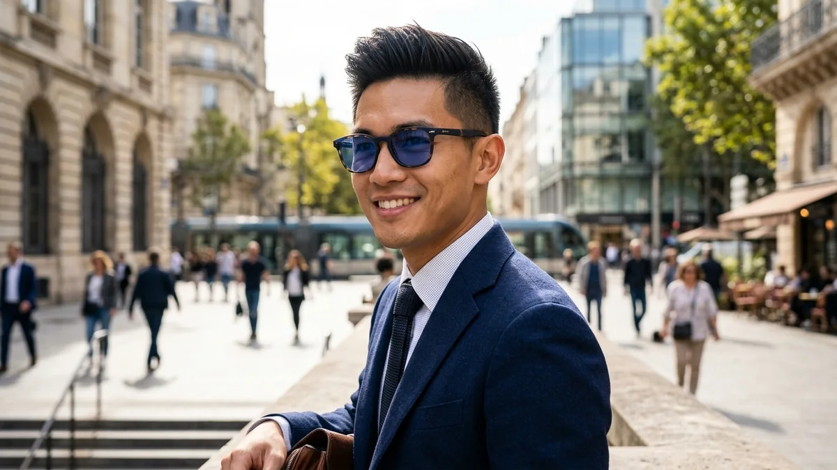 Mẫu nam đeo kính đổi màu Essilor Transitions Gen S màu Sapphire xanh biển thời thượng ngoài trời