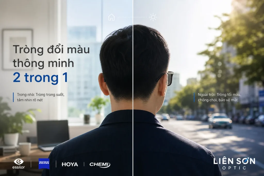 Tròng đổi màu thông minh 2 trong 1 — trong nhà trong suốt, ngoài trời tối màu
