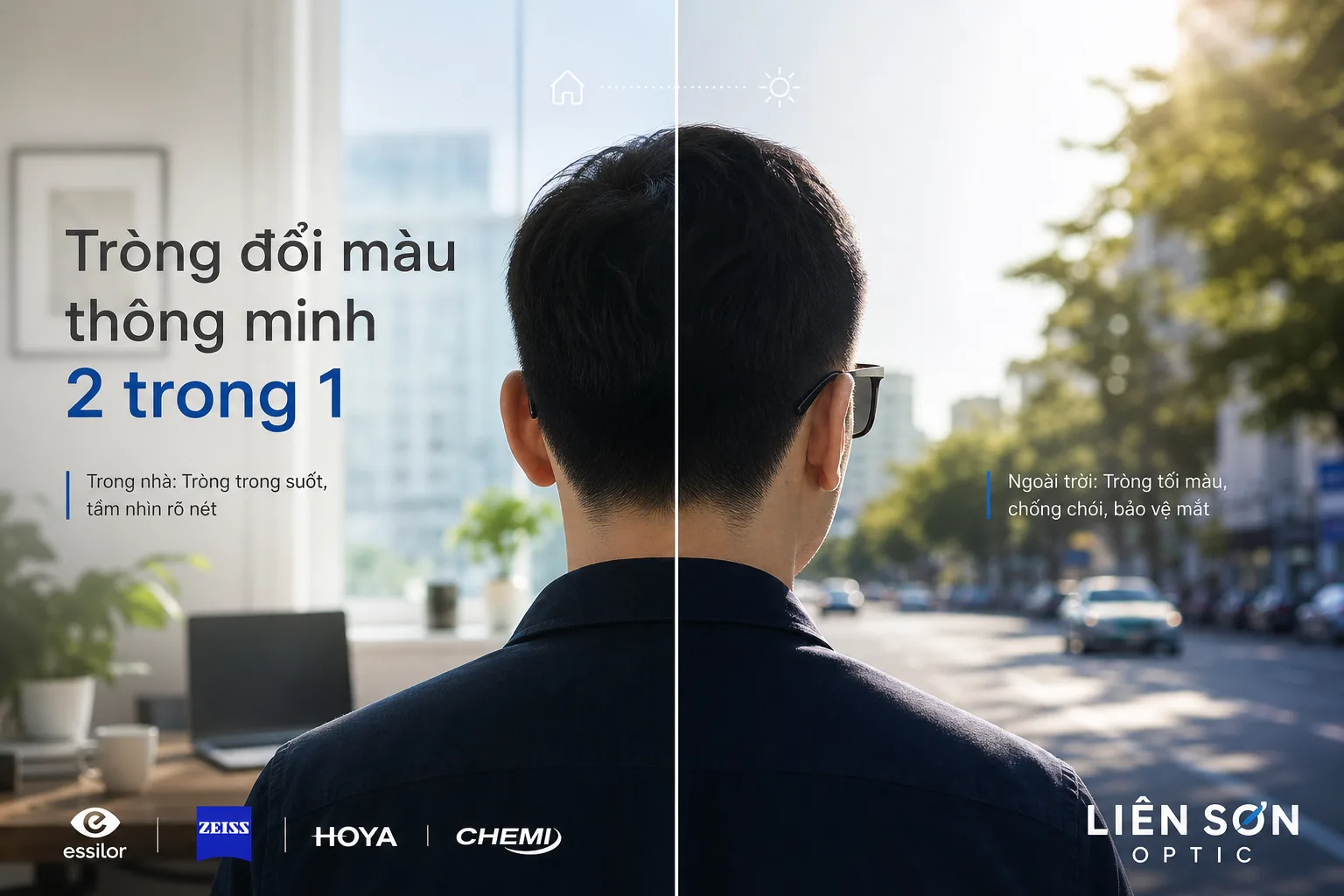 Tròng đổi màu thông minh 2 trong 1 — trong nhà trong suốt, ngoài trời tối màu