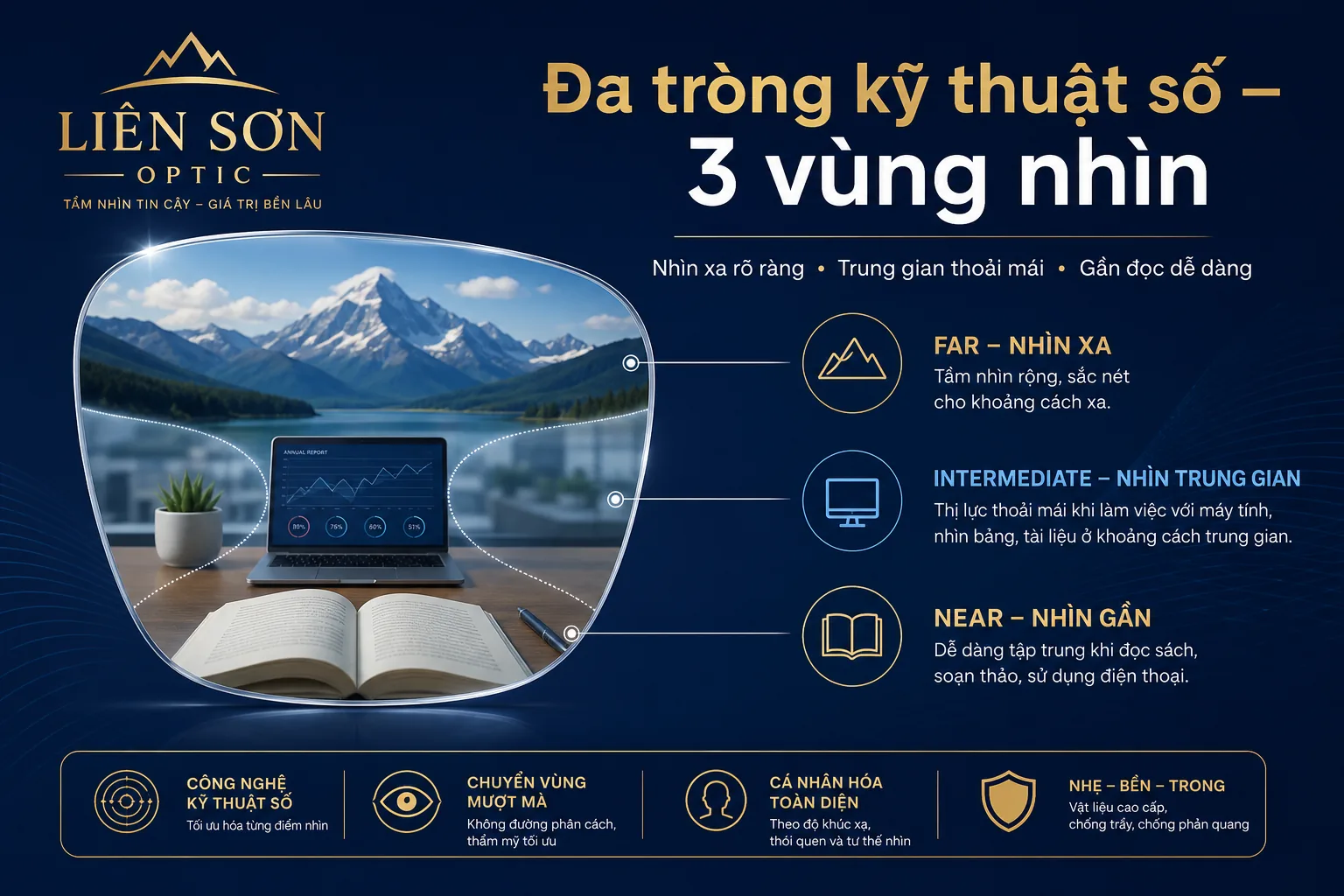 Ba vùng nhìn kính đa tròng kỹ thuật số: xa – trung gian – gần