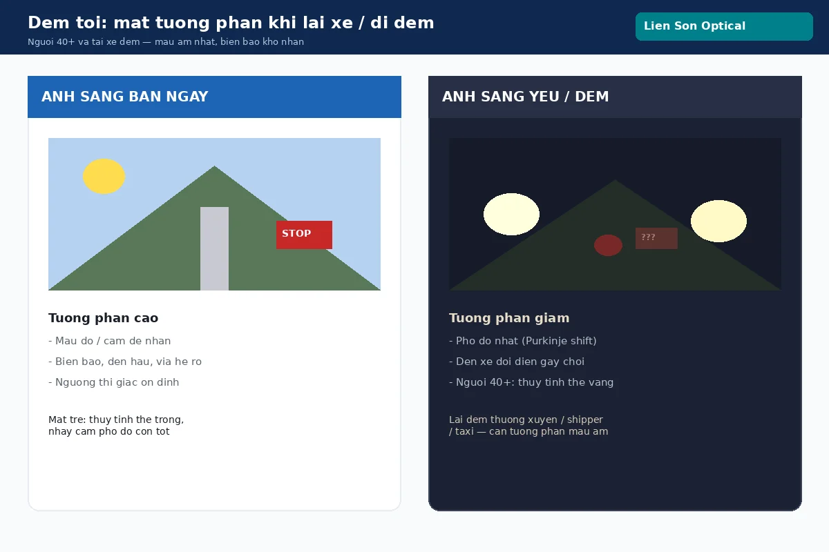 Đêm tối: mất tương phản khi lái xe — người 40+ và tài xế đêm