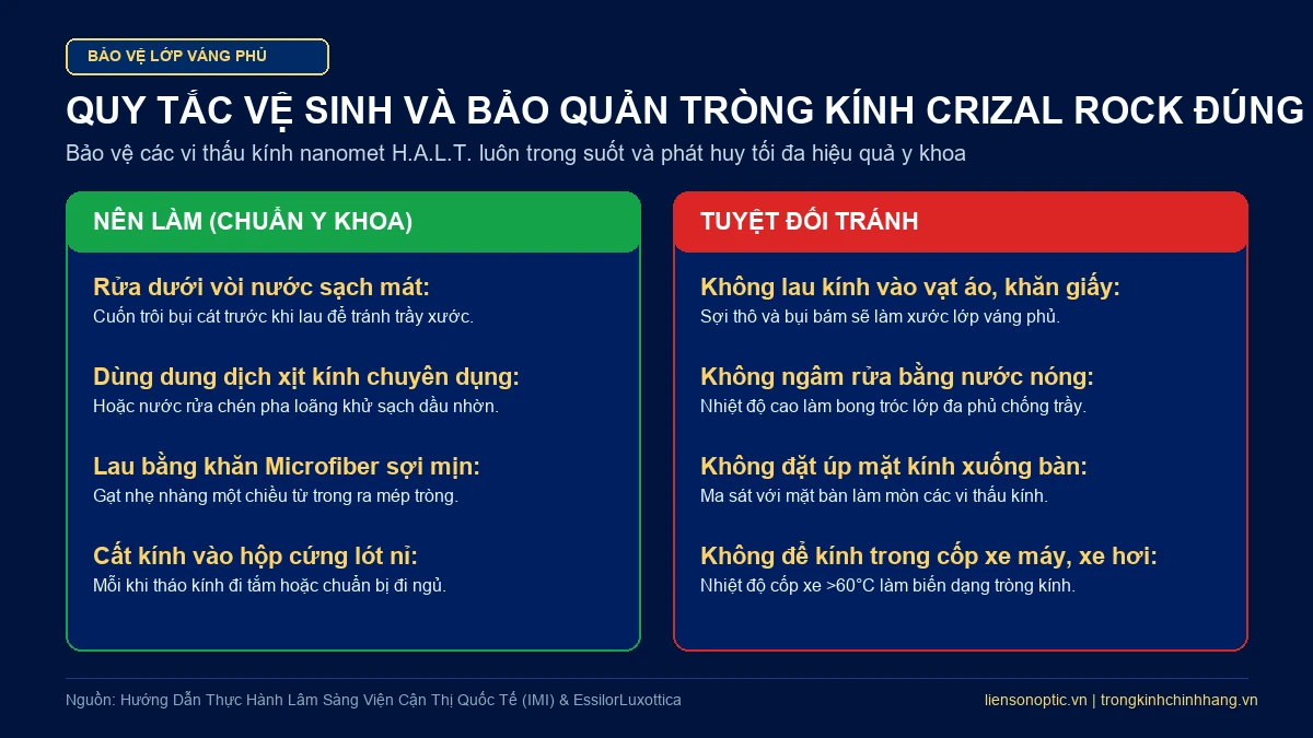 Quy tắc vệ sinh và bảo quản tròng kính Crizal Rock đúng cách bảo vệ vi thấu kính H.A.L.T.