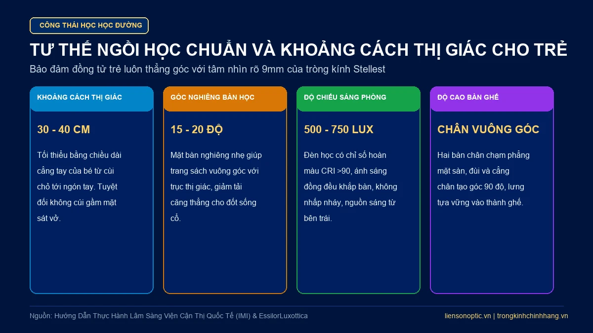 Tiêu chuẩn tư thế ngồi học và khoảng cách thị giác công thái học cho học sinh
