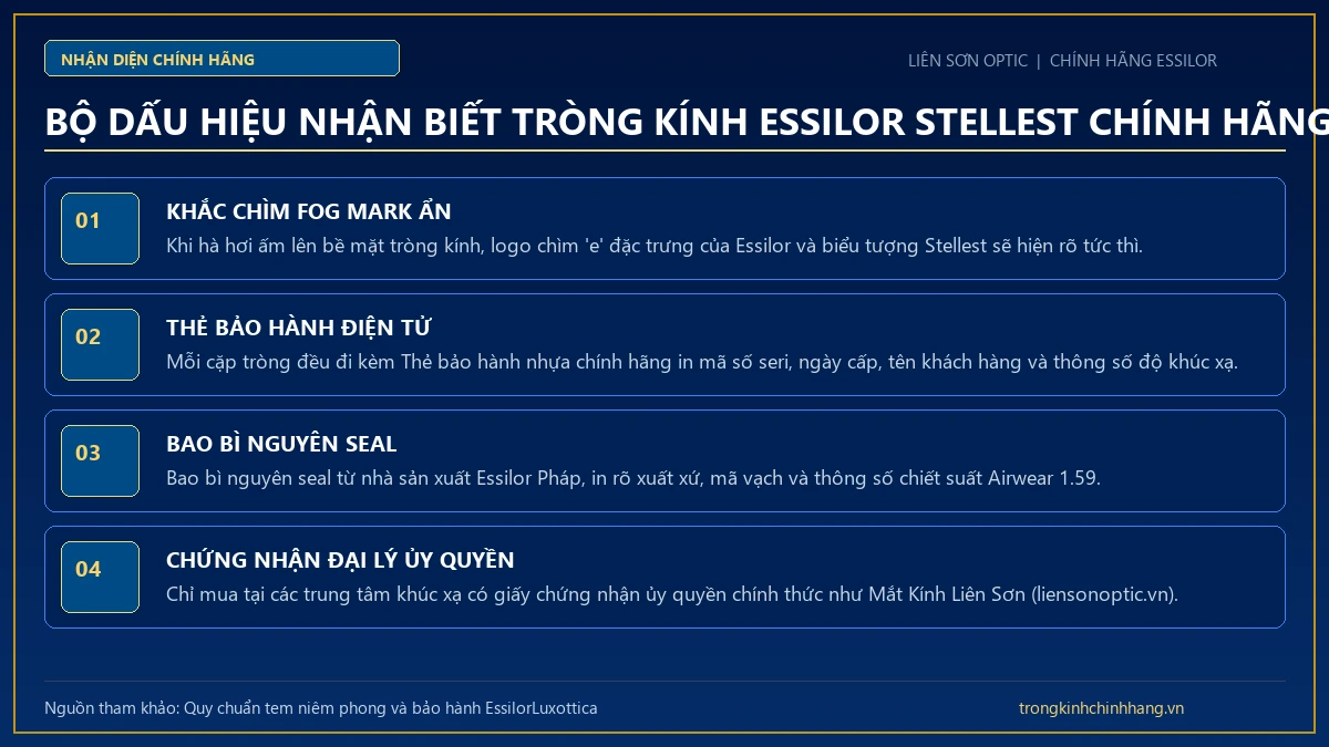 Bộ nhận diện chính hãng tròng kính Essilor Stellest: Bao bì niêm phong và thẻ bảo hành quốc tế