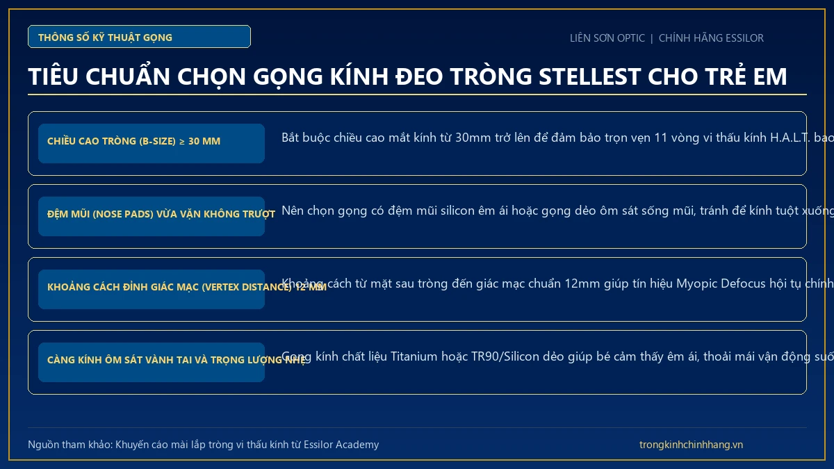 Tiêu chuẩn công thái học lựa chọn gọng kính trẻ em phù hợp với tròng kính Essilor Stellest