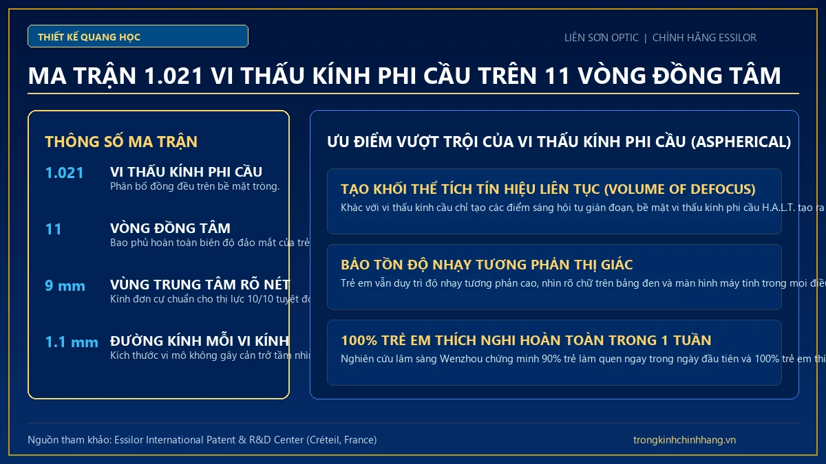 Cấu trúc hình học ma trận 1.021 vi thấu kính phi cầu trên 11 vòng tròn đồng tâm