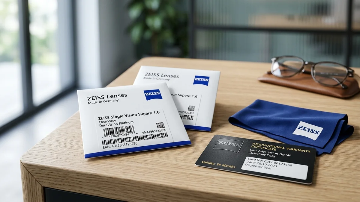 Trọn bộ bao bì phong bì tròng kính khăn lau và thẻ bảo hành quốc tế Carl Zeiss chính hãng