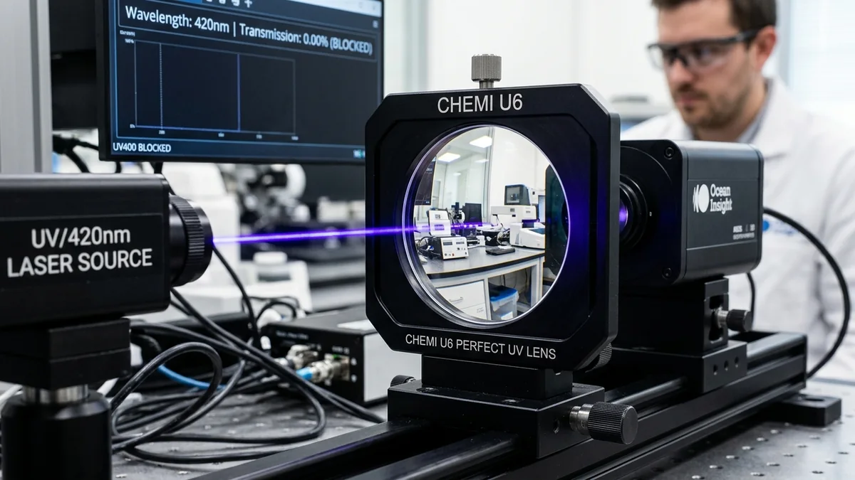 Máy quang phổ kiểm tra khả năng chặn 100% tia cực tím và tia sáng xanh 420nm của Chemi U6