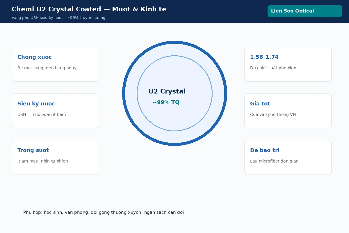 Chemi U2 Crystal Coated: truyền quang ~99%, phủ USH siêu kỵ nước, chống xước