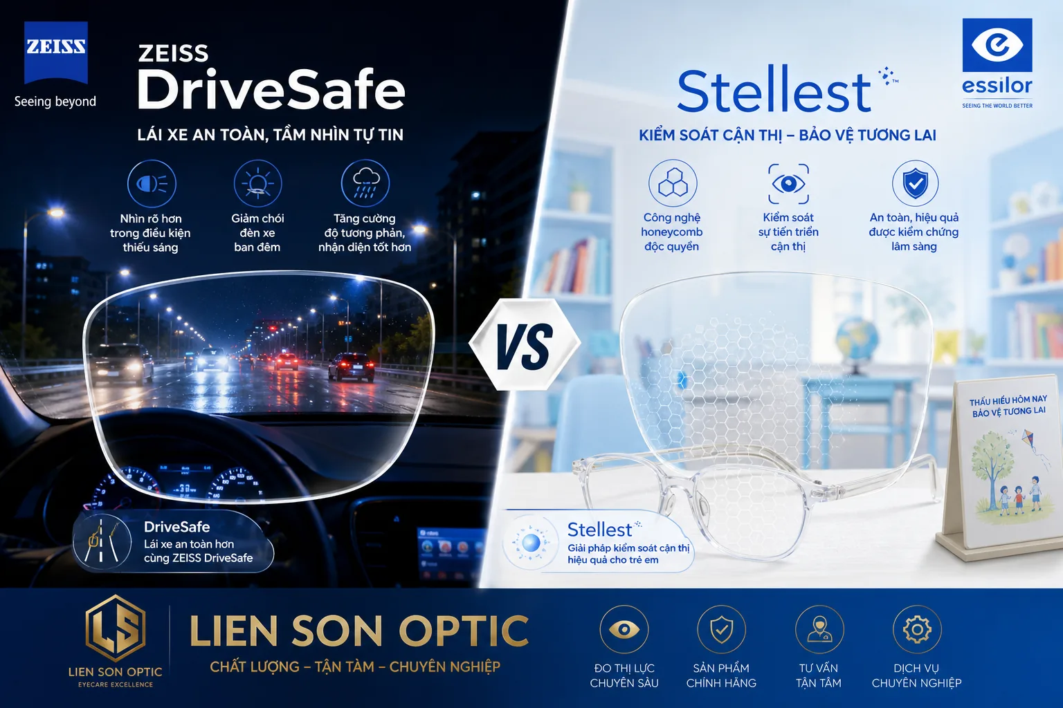 Tròng kính lái xe ban đêm & chống chói đèn pha: Carl Zeiss DriveSafe