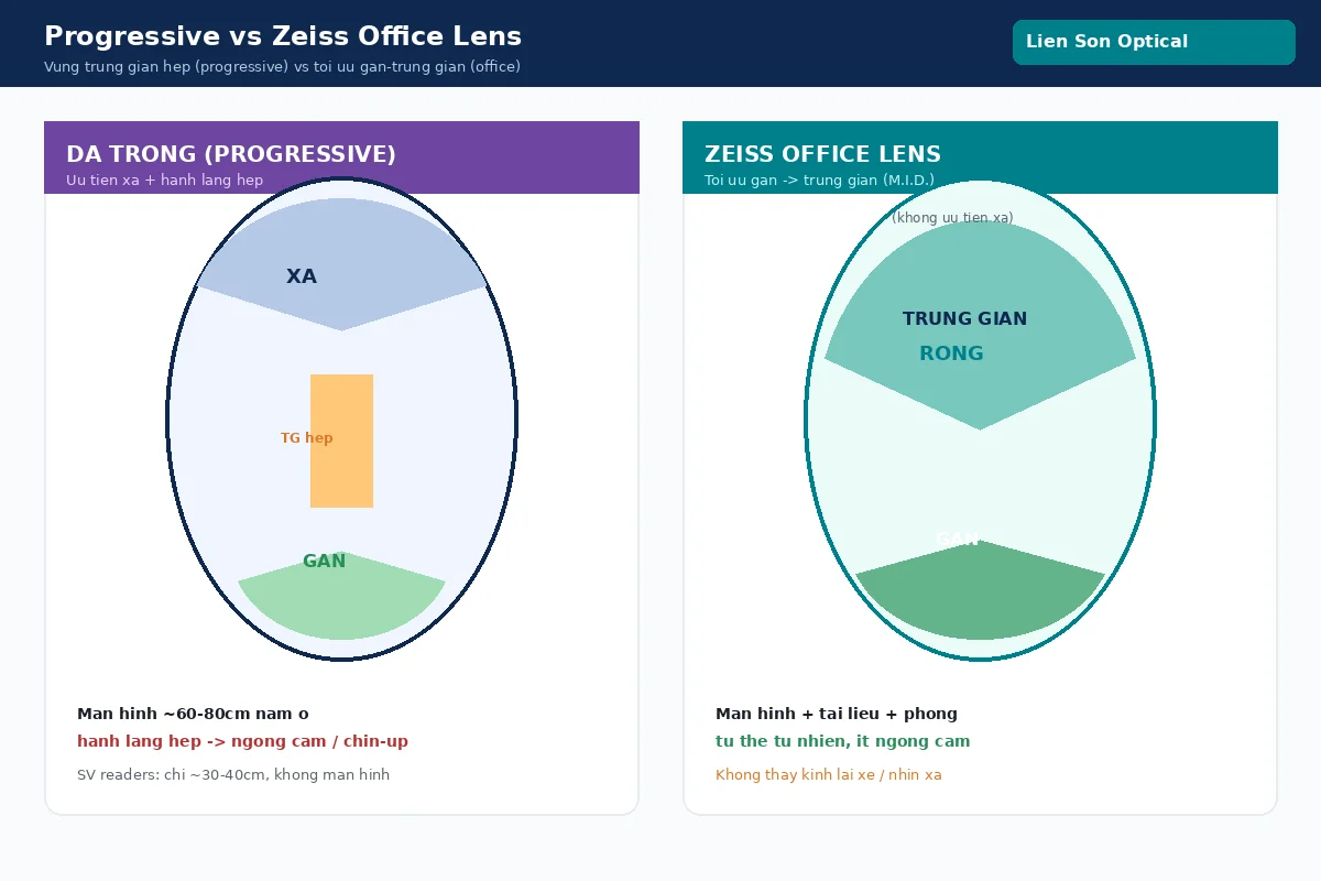So sánh vùng trung gian hẹp của đa tròng progressive với Zeiss Office Lens